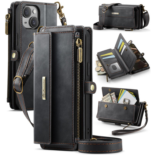 iPhone 13 mini CaseMe C39 RFID Blocking Zipper Wallet Leather Phone Case with Crossbody Strap - Black